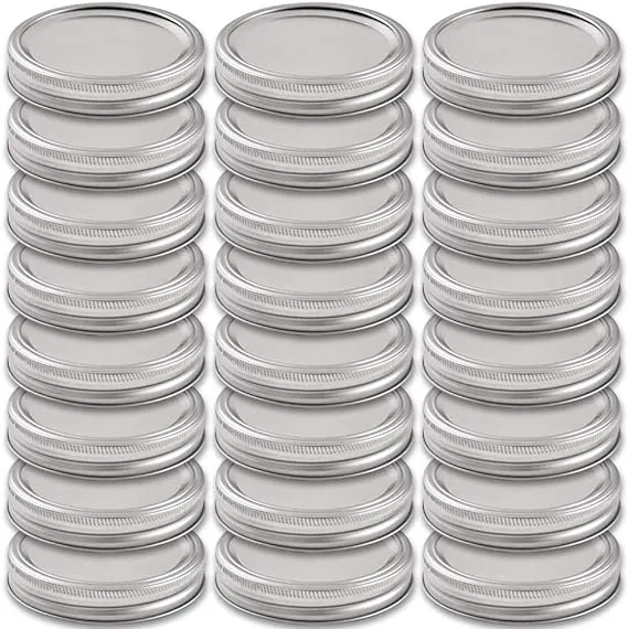 Newk 24 Sets Wide Mouth Mason Jar Lids and Bands, Reuseable Metal Mason Jar Canning with Silicone Gasket Lids Fits Ball, Kerr & More Jars(24 Lids&24 Bands, 86mm/ 3.38",Silver)