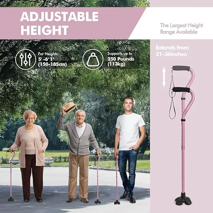 KINGGEAR Walking Cane for Women & Men, Adjustable Lightweight LED Walking Stick with Autonomous Standing, Large Sturdy 360 Swivel Base Crutches Cane for Senior