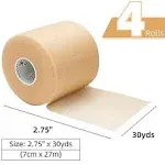 Ok Tape Pre Wrap Tape (4-Rolls) - Athletic Foam Underwrap for Sports, Protect for Ankles Wrists Hands and Knees, 7cm x 27m,Beige