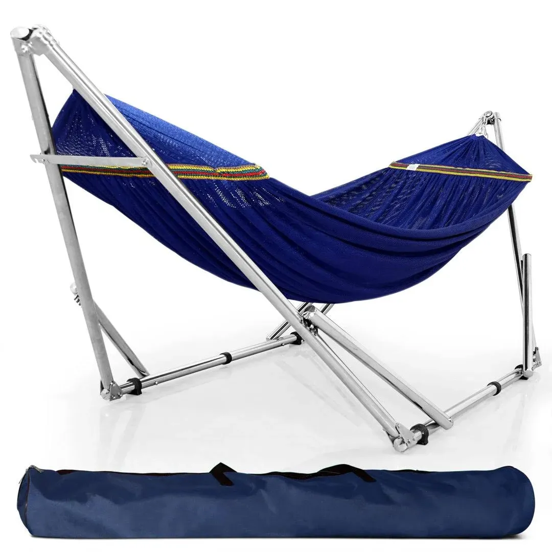 Adjustable Foldable Hammock Stainless Steel with Blue Polyester Hammock Net  | eBay