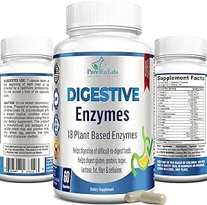 Digestive Enzymes - 18 Plant-Based Enzymes - Helps Digestion of Difficult-to-Digest Foods Including Lactose, Gluten, Beans, Broccoli, Meat, Fat &