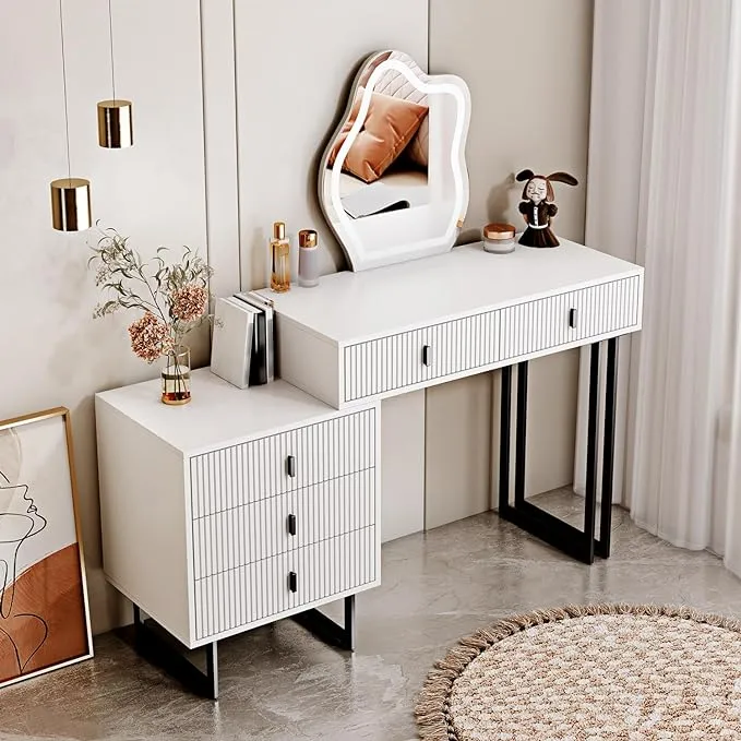 White Vanity Desk with Mirror and Lights,Small Makeup Vanity with 5 Drawers，Modern Makeup Table with Adjustable Cabinet for Bedroom,Makeup Room