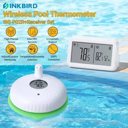 INKBIRD IBS-P02R Floating Wireless Thermometer Set with Indoor Temperature Humidity Monitor, IPX7 Waterproof, for Swimming Pools, Hot Tubs, Small Ponds, Aquariums