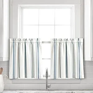 Lush Decor Farmhouse Stripe Yarn Dyed Recycled Cotton Window Curtain Kitchen Tiers, Pair, 36" W x 24" L, Blue - Classic Modern Rustic Charm - Eco Friendly Cotton Fabric