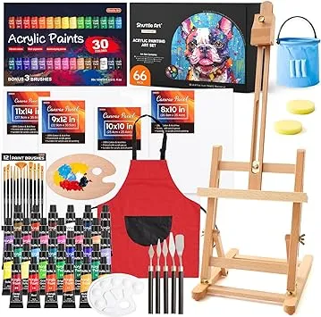 66 Pack Acrylic Paint Set, Shuttle Art Acrylic Painting Set with 30 Colors Acrylic Paint, Wooden Easel, Painting Canvas, Paint Brushes, Palettes, Art Painting Supplies for Kids Adults Beginner Artists