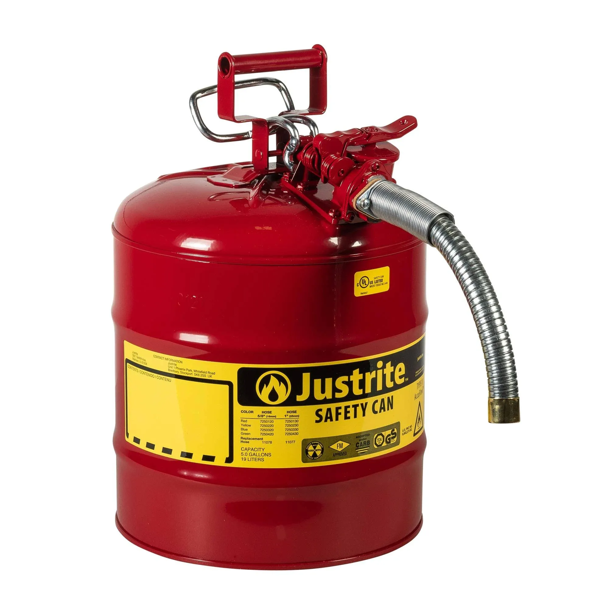 Type 2 AccuFlow Steel Safety Can, 5 Gal, S/S Flame Arrest, 1" Hose,Red