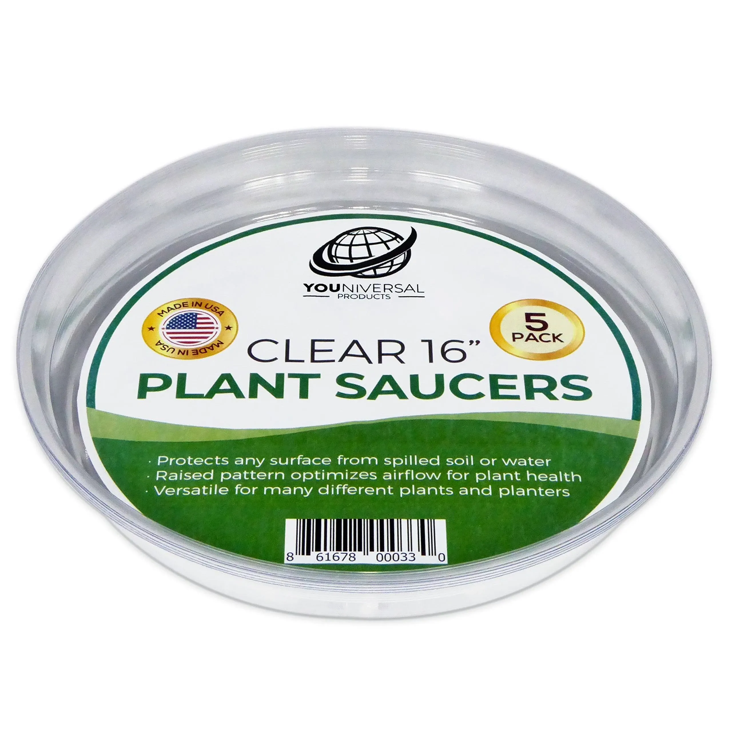 YOUniversal Products Clear Plastic Plant Saucers for Indoor and Outdoor Plants 5 Pack of 16 inch