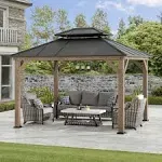 SUNJOY 10 x 12 ft. Wood Gazebo, Outdoor Patio Steel Hardtop Gazebo, Cedar Framed Wooden Gazebo with 2-Tier Metal Roof, Suitable for Patios, Lawn and Backyard, Matte Black Roof + Gray Wood Frame