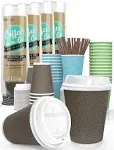 12 oz Hot Beverage Coffee Cups with Lids and Straws, Insulated Triple Wall Leak/Heat free Disposable Anti-slip Togo Reusable Paper Cups, Brown [40 Packs]