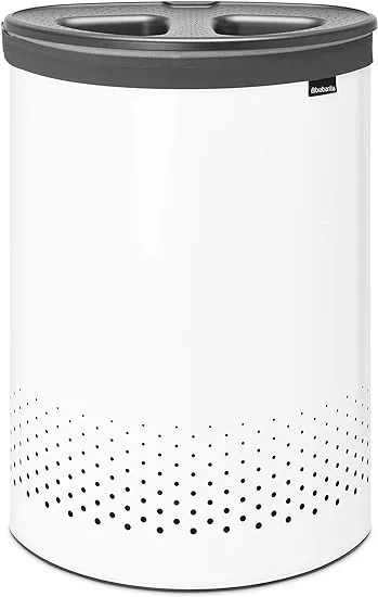 Brabantia Large Laundry Hamper (White) Bathroom Bedroom Dirty Clothes Basket with 2 Sections, Inner Laundry Bags, Discrete Lid - 14.5 Gal