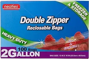 Neaties 2 Gallon Zipper Bags - Reclosable Storage and Freezer Bags - Premium Two Gallon Zip Bags, Press and Double Lock Heavy Duty Clear Freezer Bags for Tight Seal and Fresh Storage, Pack of 100