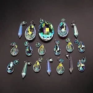 H&D HYALINE & DORA 18pcs Colorful Lamp Prisms Parts with Octagon Bead Chandelier Glass Crystals Hanging Drops Pendants