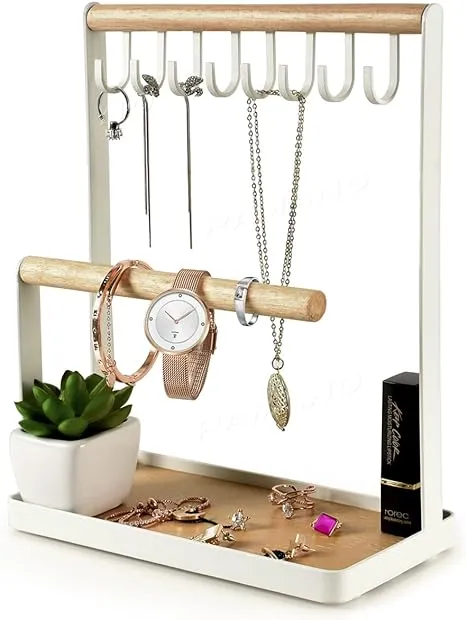 PAMANO Jewelry Stand Organizer with Velvet Ring Holder, 3-Tier Necklace Hanging Wooden Ring Storage Earring Tray, 8 Hooks Bracelets,Rings & Watches Display On Desk Tabletop - White