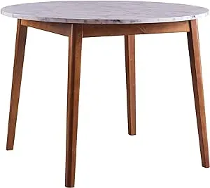 Teamson Home Ashton Round Shape Dining Table Desk with Storage Faux Marble Top for Living Room Home and Office, 30 Inch Height, Walnut