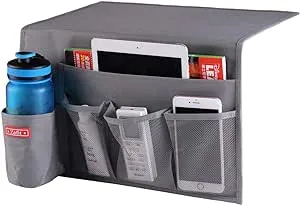 5 Pockets Bedside Caddy, Bedside Storage Organizer for Water Bottles, Magazines, Phone, Glasses (5 Pockets-Grey)