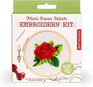 Kikkerland DIY Mini Cross Stitch Rose Embroidery Craft Starter Kit Set, with Pattern Instructions, 3" Bamboo Hoop, Stress Relief, Adult Beginner Friendly