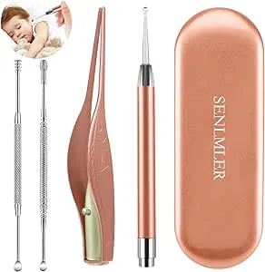 4 Pack Ear Pick with Light, Ear Cleaner Ear Wax Removal Tool Kit for Kids and Adults, Ear Picks Digger & Tweezers & Spiral Spring Ear Spoon Set with Storage Box (Rose Gold)