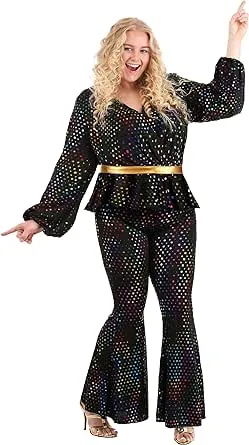 Women's Disco Queen Plus Size Costume - Sequin Knit Blouse with Flared Pants & Faux Leather Belt