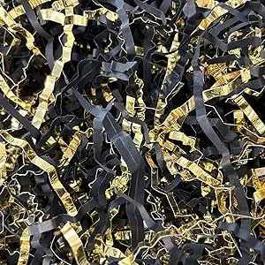 Crinkle Cut Paper Shred Filler (1/2 LB) for Halloween Decorations Craft DIY's Packaging , Shredded Paper Wrapping & Basket Gift Box Filling for Christmas Party,Wedding & and Other Occasions (Black& Gold）