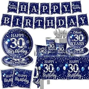 142 Pcs 30th Birthday Tableware Set Decorations Sliver and Blue 30th Happy Bi...