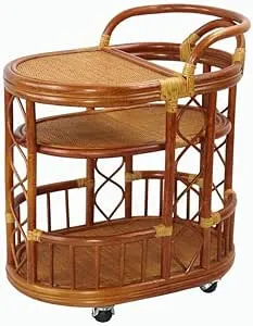 Serving Cart Handmade Woven Natural Rattan Wicker with Wheels Fully Assembled Colonial Color