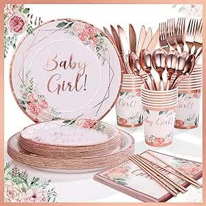 Baby Girl Shower Decorations,Baby Shower Plates and Napkins Party Supplies With Rose Gold Foil, Pink Floral Paper Plates, Napkins, Dessert Plate, Disposable Cups | Tea Party Supplies