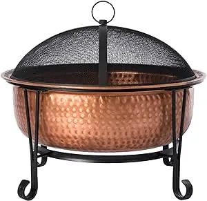 Fire Sense 62665 Fire Pit Palermo Copper with Steel Stand Wood Burning Lightweight Portable Outdoor Firepit Included Mesh Spark Screen Steel Grate Screen Lift Tool & Vinyl Weather Cover - 26.5"