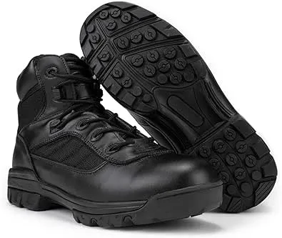 RYNO GEAR Men's Black Military Tactical Work Boots, CoolMax Lining Side Zipper Leather Motorcycle Slip-Resistant Ankle Hiking & Combat Boots