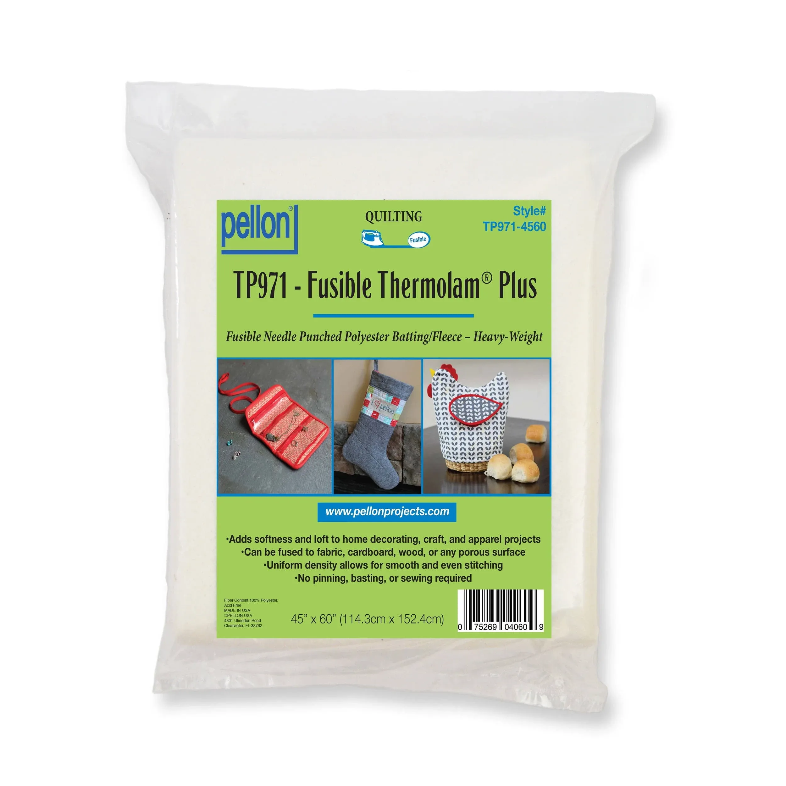 Pellon TP971F Fusible Thermolam Plus Fleece Fabric, White 45" x 60" Precut Package