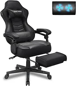 ELECWISH Gaming Chair Fabric with Footrest, Computer Gamer Chair with Massage Lumbar Support, Ergonomic Reclining Video Game Office Chair for Adults with Headrest, Black