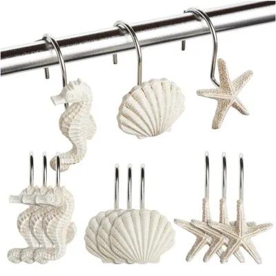 12 Seashell Shower Curtain Hooks Decorative Bath Curtain Ring Ocean Themed White