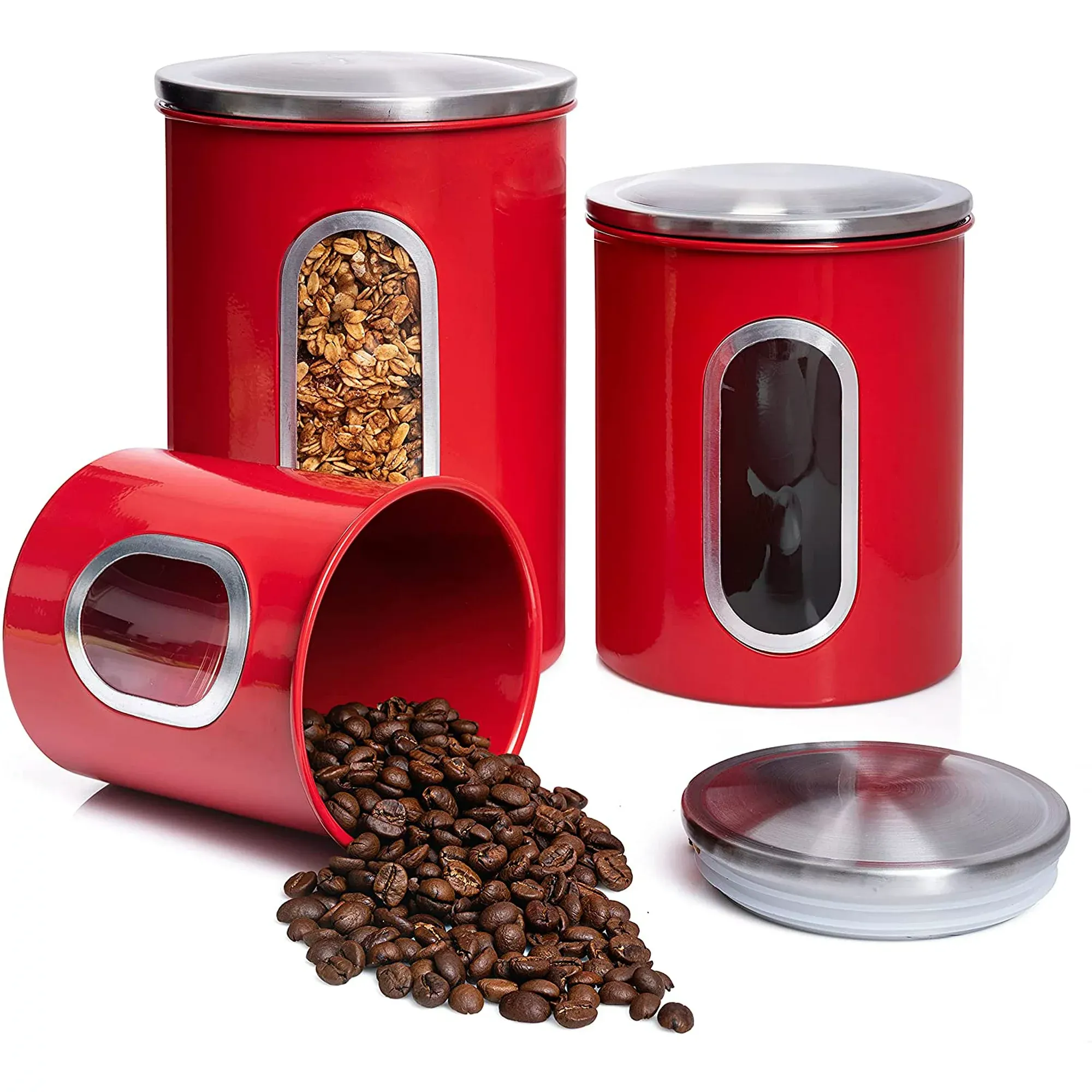 Mixpresso 3 Piece Red Canisters Sets For The Kitchen, Kitchen Jars With See Through Window, Airtight Coffee Container Tea Organizer & Sugar Canister, Kitchen Canisters Set of 3 Red Kitchen Decor.