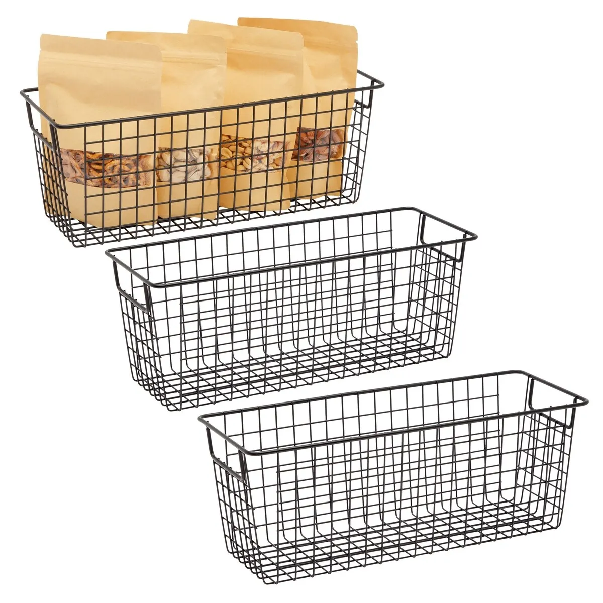 3 Pack Metal Wire Storage Baskets for Shelves, Pantry, Closet, Long Narrow Organizer Bin (Black, 16 x 6 x 6 In)