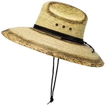 Mexican Palm Leaf Straw Lifeguard Sun Hat w/Chin Strap & Vented Crown