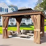 Jolydale 10&#39; x 12&#39; Gazebo, Permanent Wooden Finish Coated Aluminum Frame Canopy, Galvanized Steel Double Top, Outdoor Metal Pavilion with Privacy