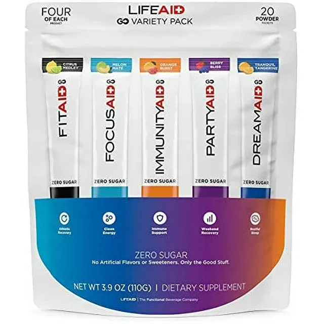 LIFEAID Rainbow Variety Pack Mix, All Zero Sugar, Post Workout Recovery, Nootropics Based Focus, Immune Boost, Dream & Sleep Aid, Travel Size, No Artificial Sweeteners & Flavors, 20 Count