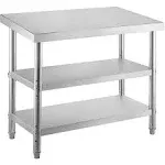 VEVOR 48 x 18 x 33 in. Commercial Stainless Steel Table 2 Adjustable Undershelf BBQ Prep Table Silver