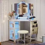 Lvsomt Makeup Vanity Desk with 3 Lighting Options, Dressing Table with Charging Station, Vanity Set with 4 Cabinets, Shelves and Stool, Corner Vanity