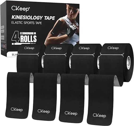 CKeep 4 Rolls Kinesiology Tape, Original Cotton Elastic Athletic Tape, 20 Precut 10" Strips Each, Black, Ideal for Muscle Support & Injury Prevention