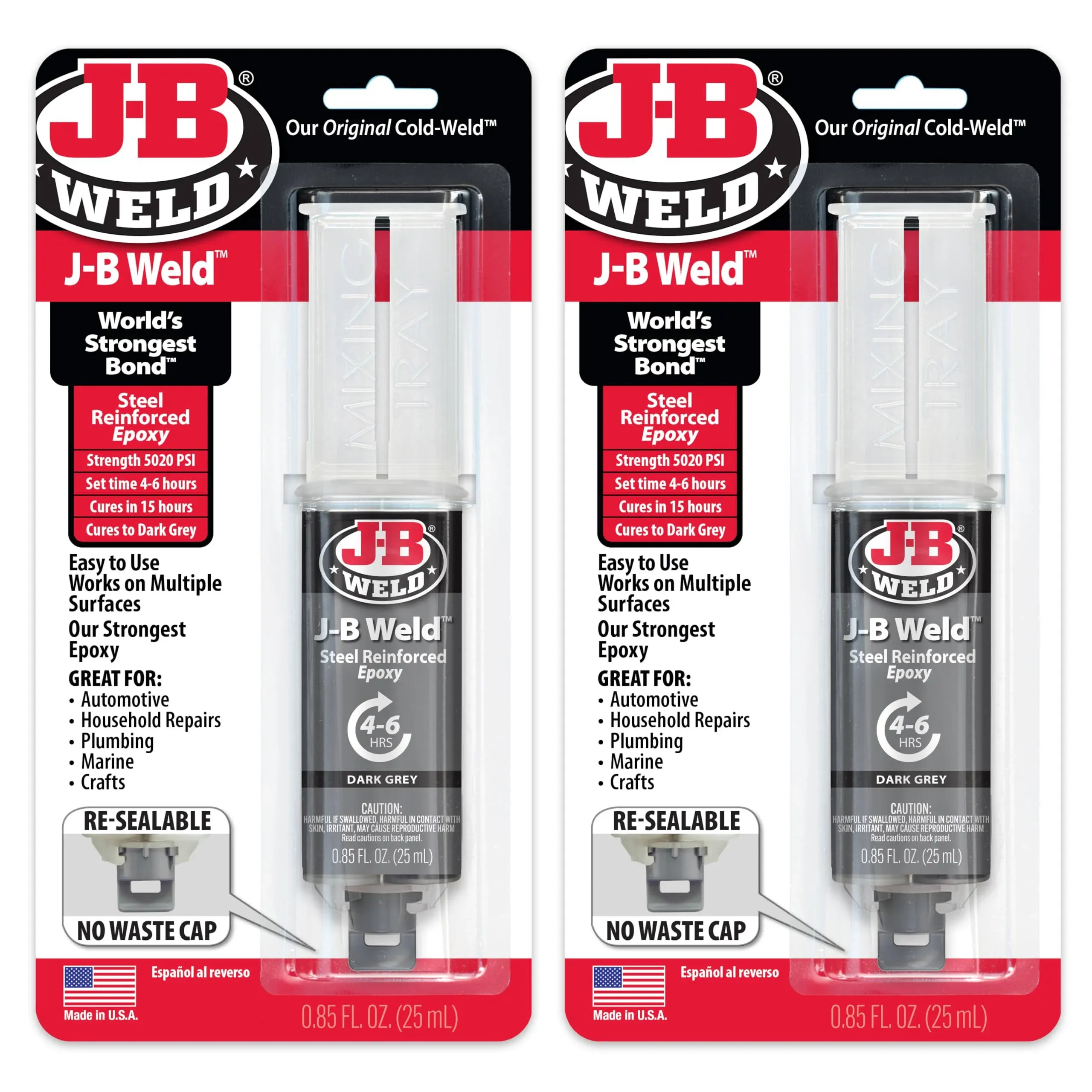 J-B Weld Original Steel Reinforced Epoxy Syringe, High Strength, 2 Pack, Dark Grey, 50165-2