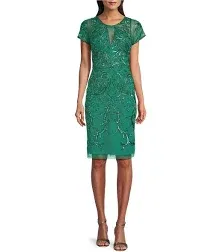 Adrianna Papell Beaded Round Neckline Short Sleeve Sheath Dress - 8