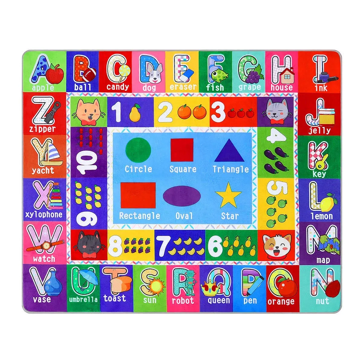 PartyKindom Kids Play Rug Mat Playmat with Non-Slip Design Playtime Collection ABC, Numbers, Shapes and Animals Educational Area Rug for Kids Bedroom Playroom(53.5 x 43.5 inch)