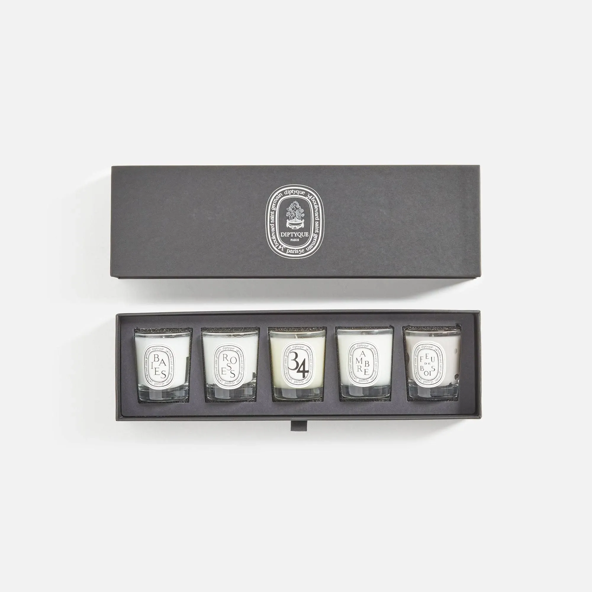 Diptyque Set of 5 Mini Signature Candles Holiday Gift Set:: Baies (Berries), Roses, 34 Boulevard Saint-Germain, Ambre (Amber), and Feu de Bois (Wood Fire)