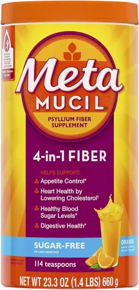 Metamucil, Daily Psyllium Husk Powder Supplement, Sugar-Free Powder, 4-in-1 Fiber for Digestive Health, Orange Flavored Drink, 114 teaspoons, 1.4 Pound (Pack of 2)