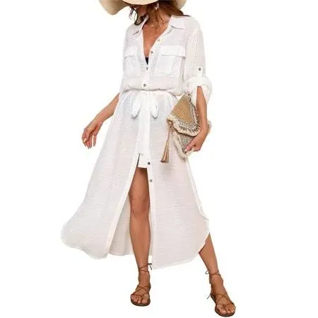 Bsubseach Women Long Kimono Swimsuit Cover Up Side Split Button Down Shirt Dress with Drawstring Pockets