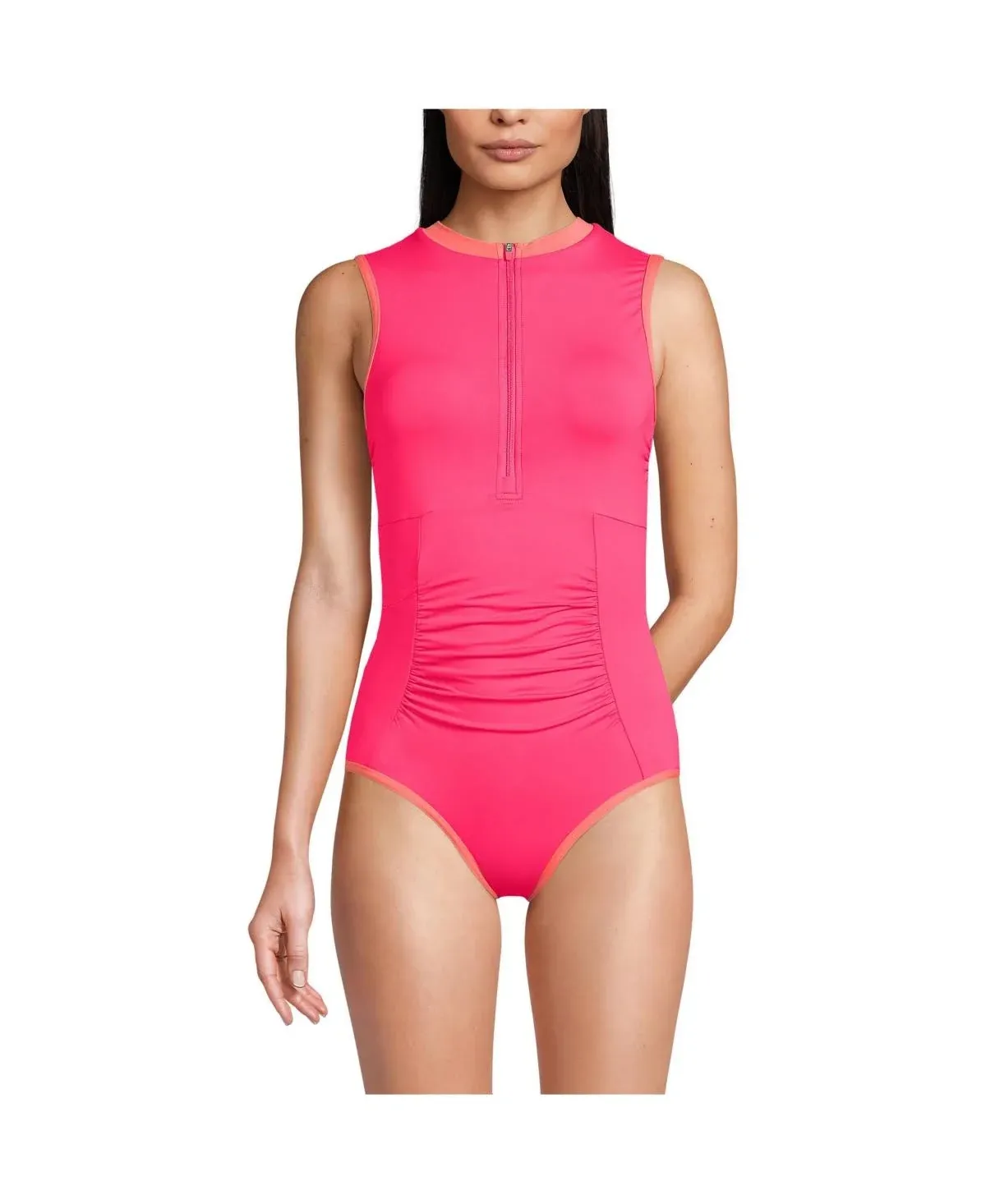 Lands' End Women's Chlorine Resistant High Neck Zip Front One Piece Swimsuit - 2 - Rouge pink/wood Lily