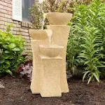 Pure Garden Cascade Bowls Outdoor Fountain with LED Lights, Sand Stone