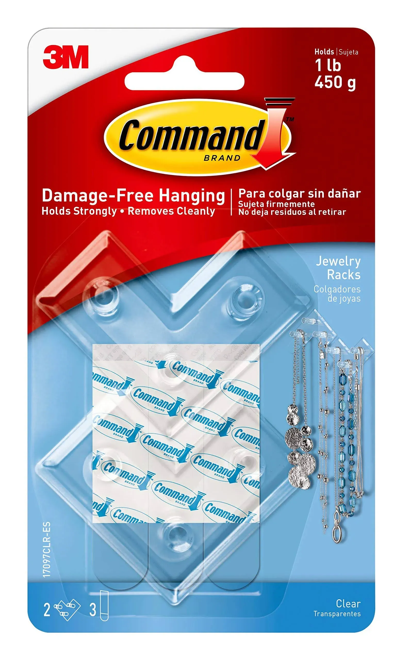 Command Clear Jewelry Rack, Holds up to 1 lb, 2 Jewelry Racks with 3 Medium Command Strips, Damage Free Hanging on Walls, Doors, Cabinets, and Closet for Jewelry and Accessories