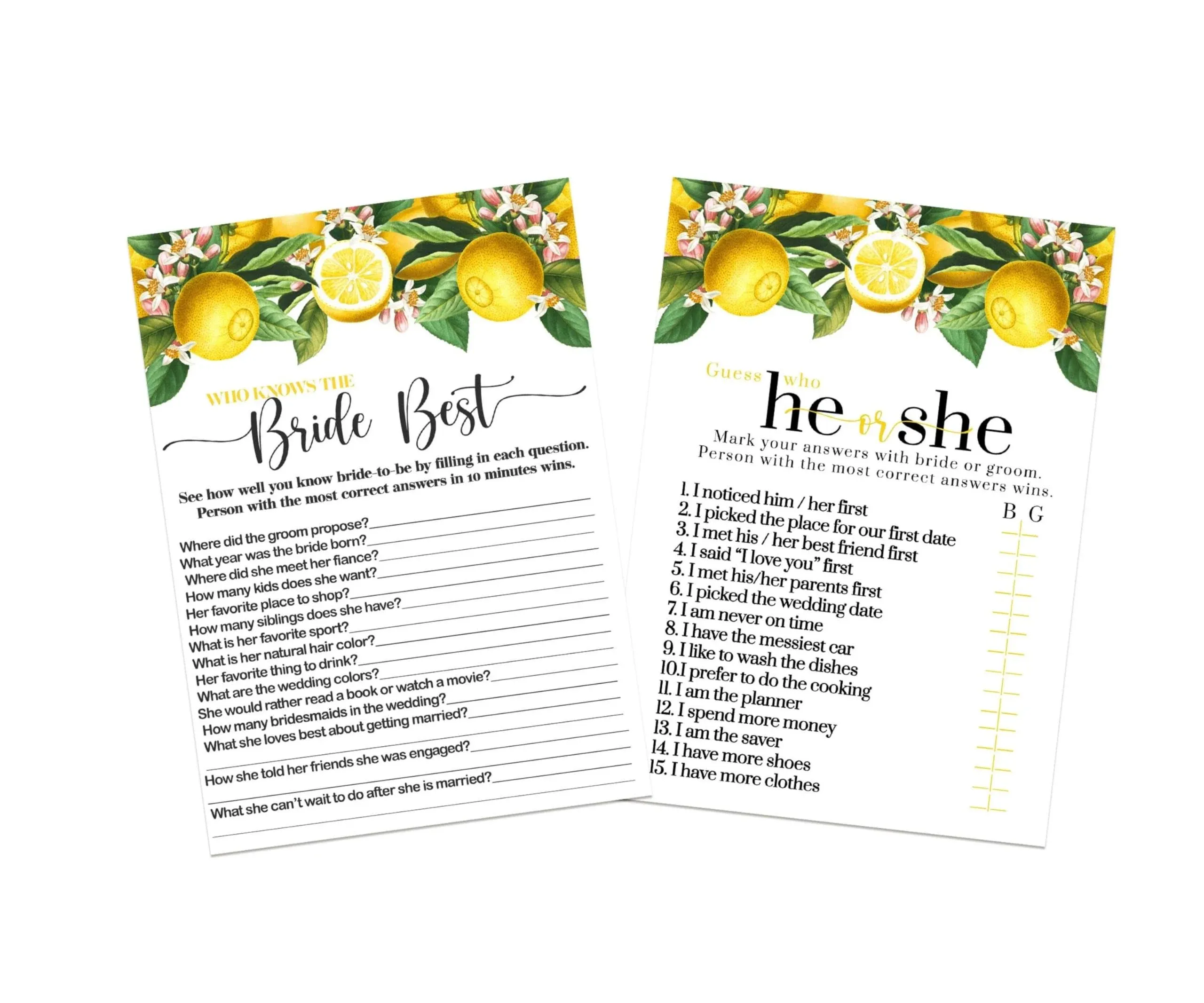 Lemon Greenery Bridal Games - ‘Bride Best & He or She Said’ Fun