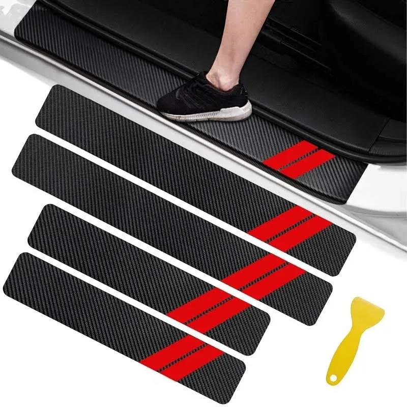 YOSRTER 5PCS Door Sill Guard Decoration Stickers for Dodge Charger Challenger Durango Journey Universal Fit to All Dodge Cars Fiber Leather Door Sill Protector (Red Trim)